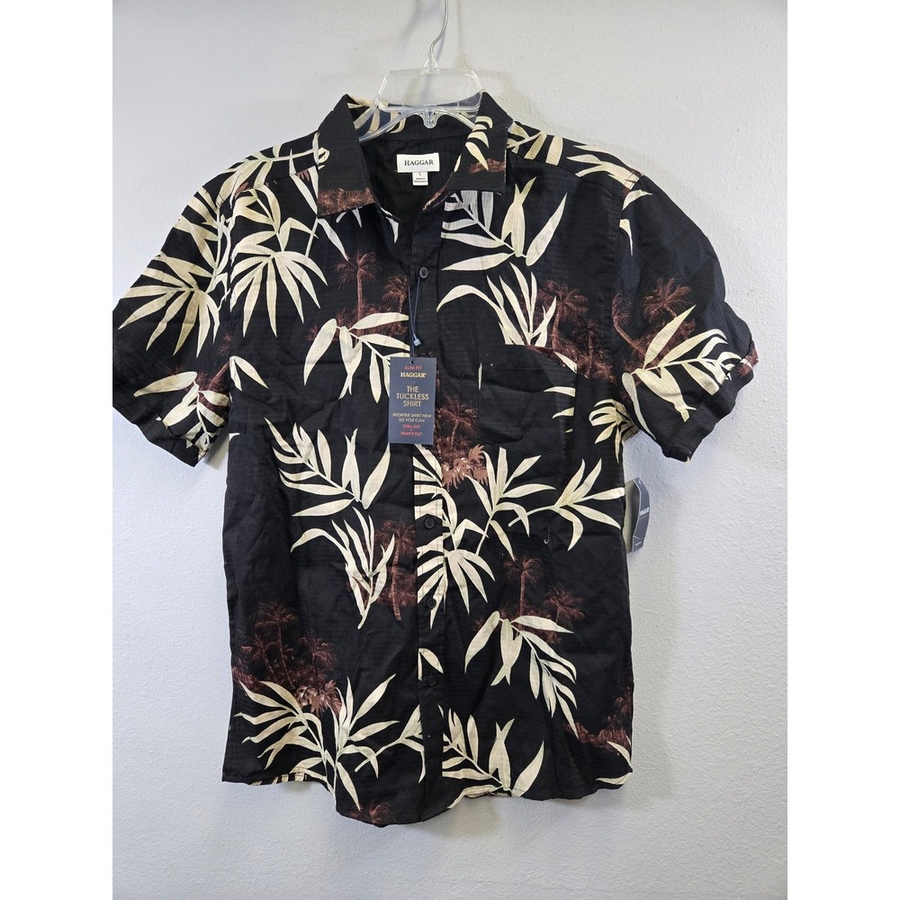 Haggar Tropical Palm Leaf Print Slim Fit The Tuckless Shirt Black Large